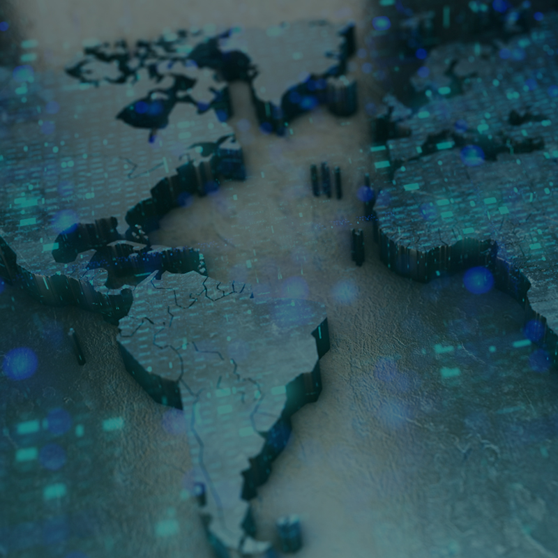 Raised world map with circuit boards inside each continent