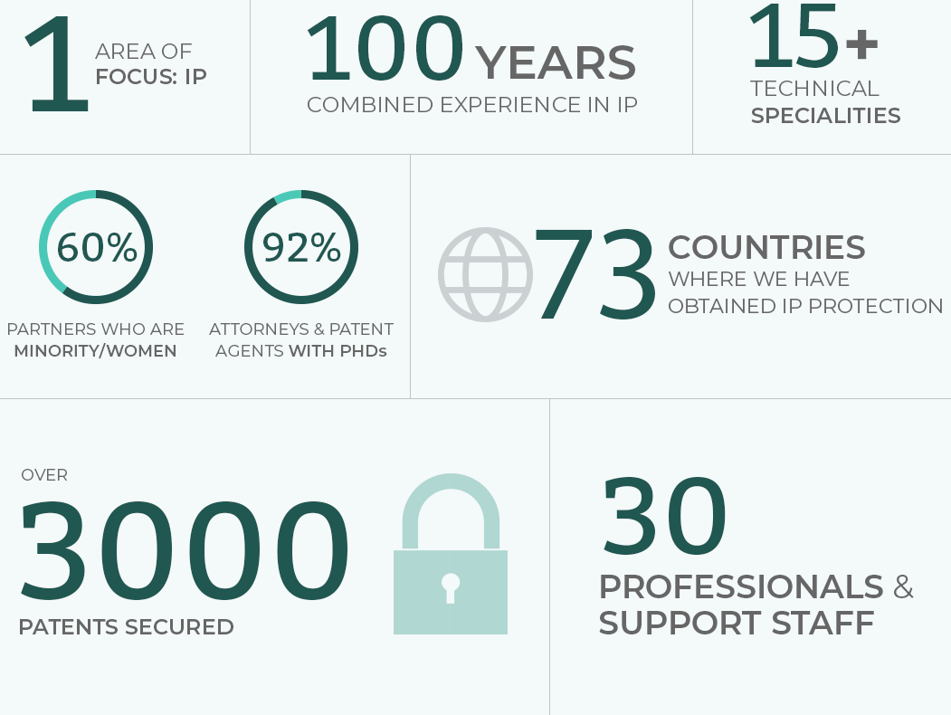 Graphic that reads: 1 area of focus: IP. 100 years of combined experience in IP. 15+ technical specialties. 60% of our partners are minority/women. 92% of our attorneys and patent agents have PHds. We have obtained IP protection in 73 countries and secured over 3000 patents. We have 30 professionals and support staff.
